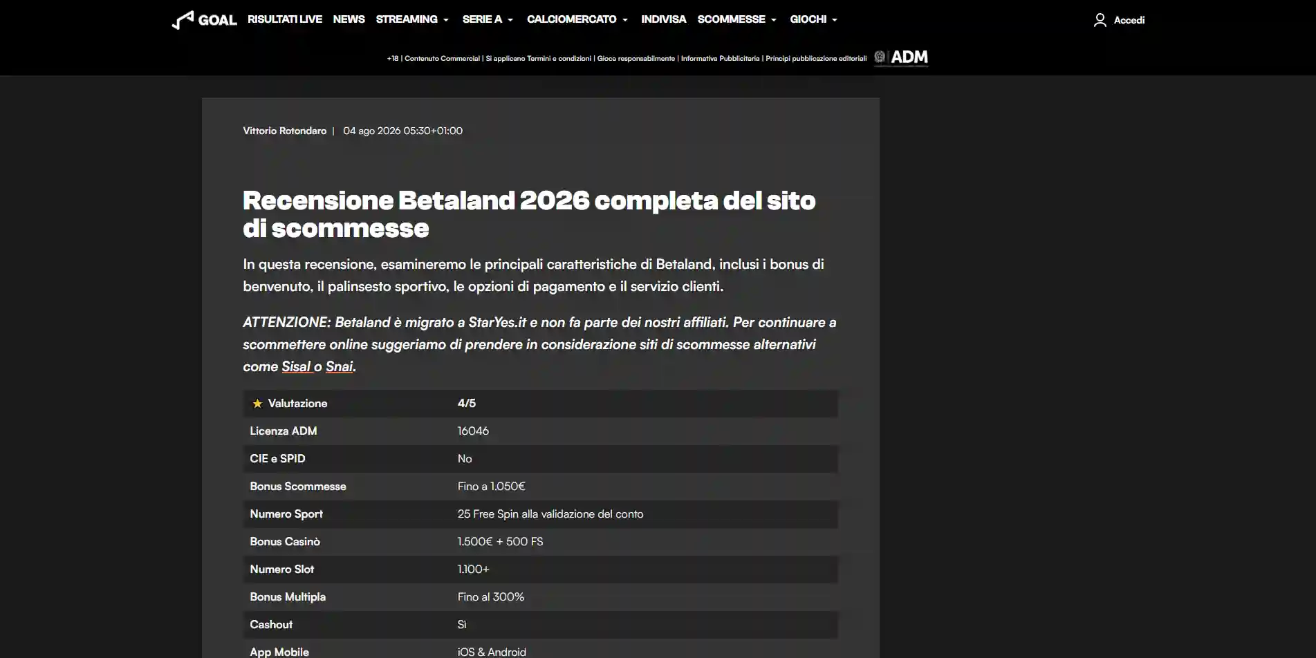 Pagina di Goal del 4 agosto 2026 dedicata al passaggio online da Betaland a StarYes